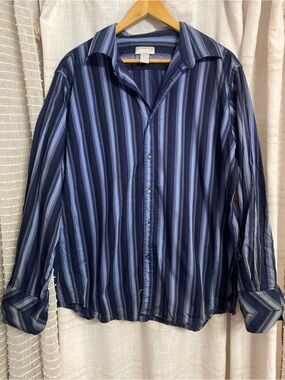 Vintage Utility Striped Long Sleeve Button Down Shirt Mens XXL Navy Blue